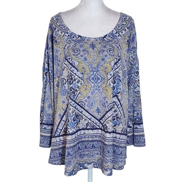 One World Blue and Gold Boho Print Knit Top Size XL Blue Boho Top - Picture 1 of 10
